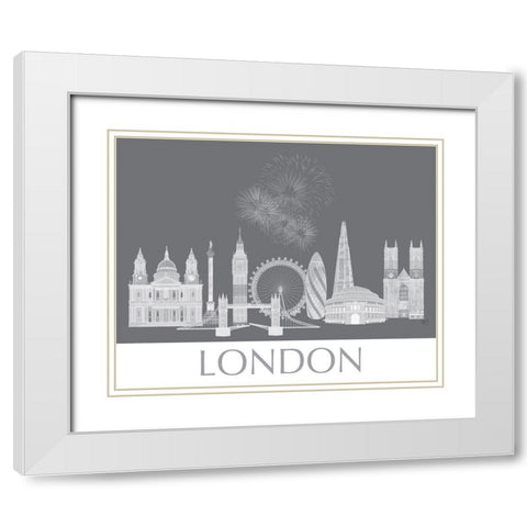 London Skyline Monochrome White Modern Wood Framed Art Print with Double Matting by Fab Funky