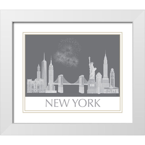 New York Skyline Monochrome White Modern Wood Framed Art Print with Double Matting by Fab Funky