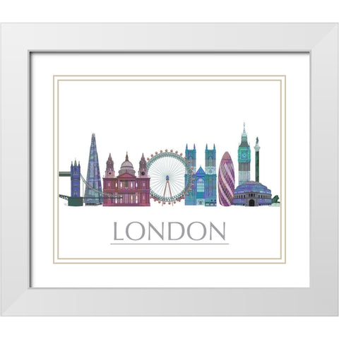 London Skyline Coloured Buildings White Modern Wood Framed Art Print with Double Matting by Fab Funky