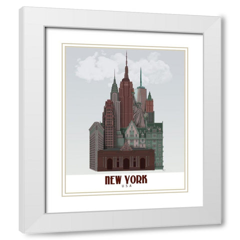 New York in Clouds Dark Red and Green White Modern Wood Framed Art Print with Double Matting by Fab Funky