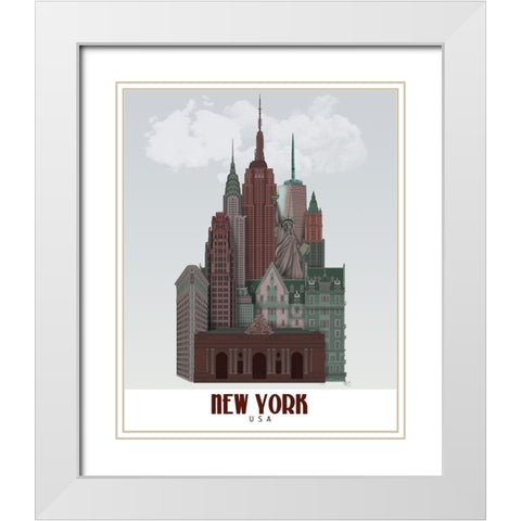New York in Clouds Dark Red and Green White Modern Wood Framed Art Print with Double Matting by Fab Funky