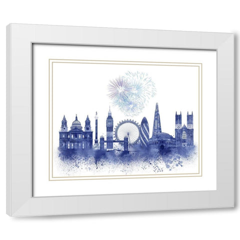 London Skyline Watercolour Splash Blue White Modern Wood Framed Art Print with Double Matting by Fab Funky