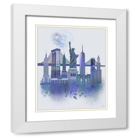 New York Skyline Watercolour Splash Blue White Modern Wood Framed Art Print with Double Matting by Fab Funky