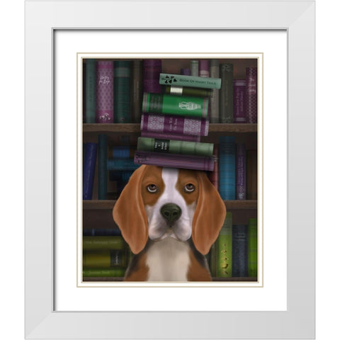 Beagle and Books White Modern Wood Framed Art Print with Double Matting by Fab Funky