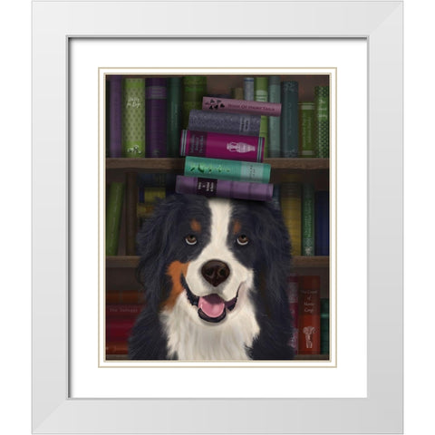 Bernese and Books White Modern Wood Framed Art Print with Double Matting by Fab Funky