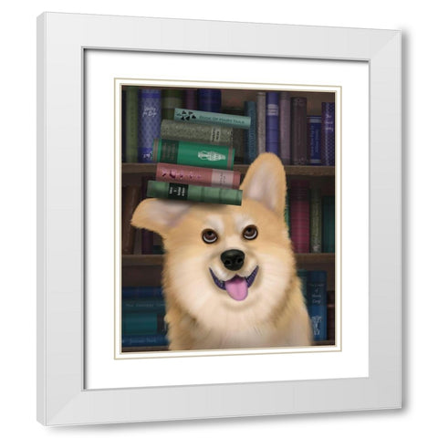 Corgi and Books White Modern Wood Framed Art Print with Double Matting by Fab Funky