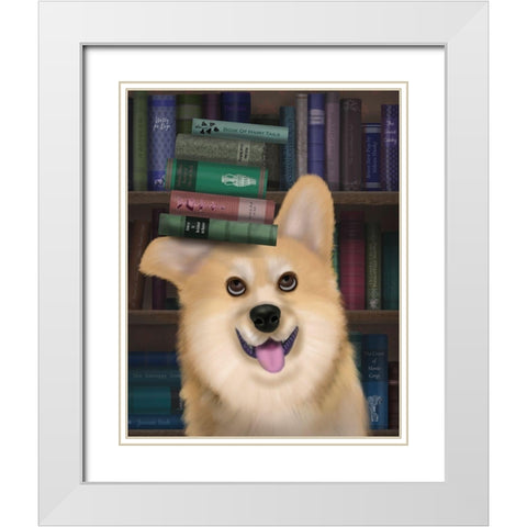 Corgi and Books White Modern Wood Framed Art Print with Double Matting by Fab Funky