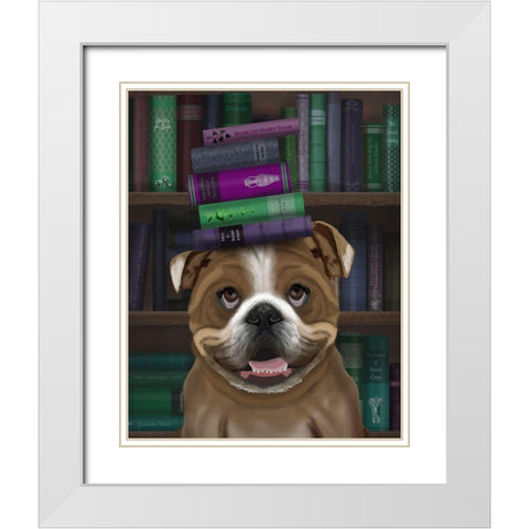 English Bulldog And Books White Modern Wood Framed Art Print with Double Matting by Fab Funky