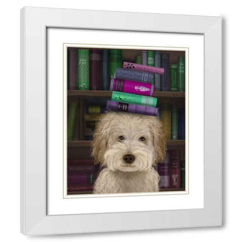 Labradoodle, Cream, and Books White Modern Wood Framed Art Print with Double Matting by Fab Funky