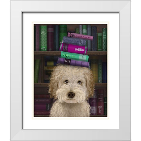 Labradoodle, Cream, and Books White Modern Wood Framed Art Print with Double Matting by Fab Funky
