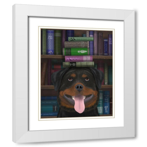 Rottweiller and Books White Modern Wood Framed Art Print with Double Matting by Fab Funky