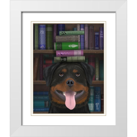 Rottweiller and Books White Modern Wood Framed Art Print with Double Matting by Fab Funky