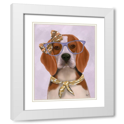 Beagle with Glasses and Scarf White Modern Wood Framed Art Print with Double Matting by Fab Funky