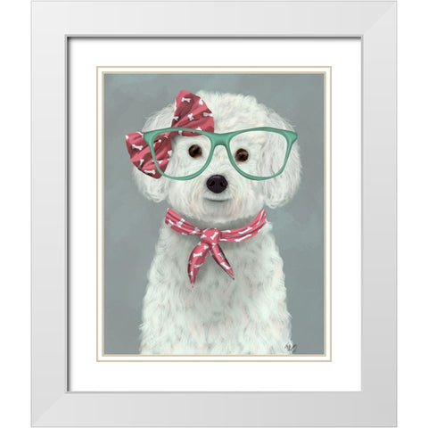Bichon Frise with Glasses and Scarf White Modern Wood Framed Art Print with Double Matting by Fab Funky