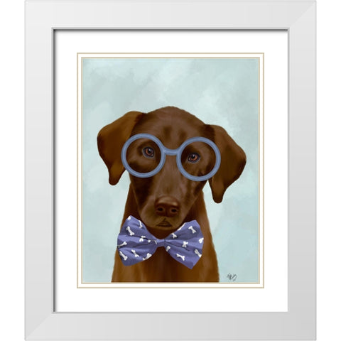 Chocolate Labrador with Glasses and Bow Tie White Modern Wood Framed Art Print with Double Matting by Fab Funky