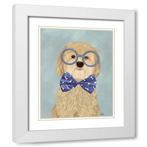 Cockerpoo, Blonde, with Glasses and Bow Tie White Modern Wood Framed Art Print with Double Matting by Fab Funky