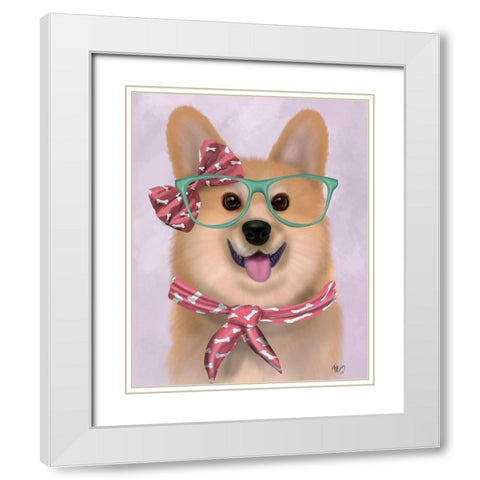 Corgi with Glasses and Scarf White Modern Wood Framed Art Print with Double Matting by Fab Funky