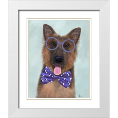 German Shepherd with Glasses and Bow Tie White Modern Wood Framed Art Print with Double Matting by Fab Funky