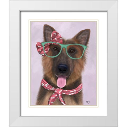 German Shepherd with Glasses and Scarf White Modern Wood Framed Art Print with Double Matting by Fab Funky