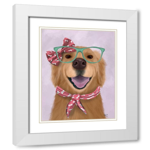 Golden Retriever, Glasses and Scarf White Modern Wood Framed Art Print with Double Matting by Fab Funky