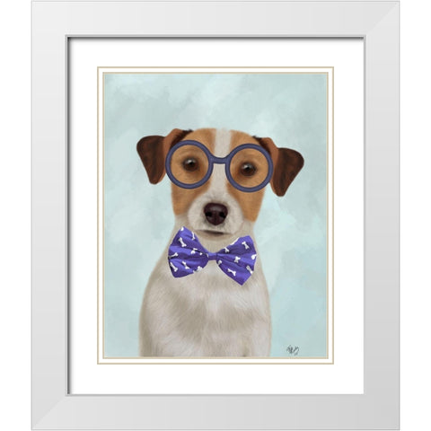 Jack Russell with Glasses and Bow Tie White Modern Wood Framed Art Print with Double Matting by Fab Funky