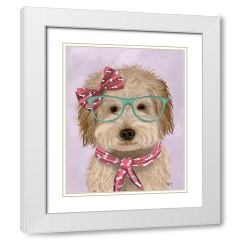 Labradoodle, Cream, with Glasses and Scarf White Modern Wood Framed Art Print with Double Matting by Fab Funky