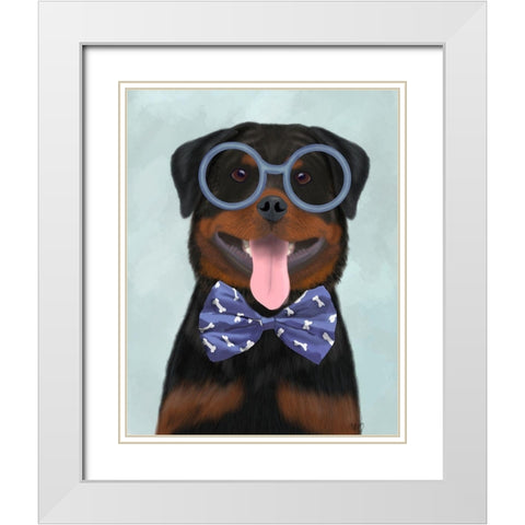 Rottweiler with Glasses and Bow Tie White Modern Wood Framed Art Print with Double Matting by Fab Funky