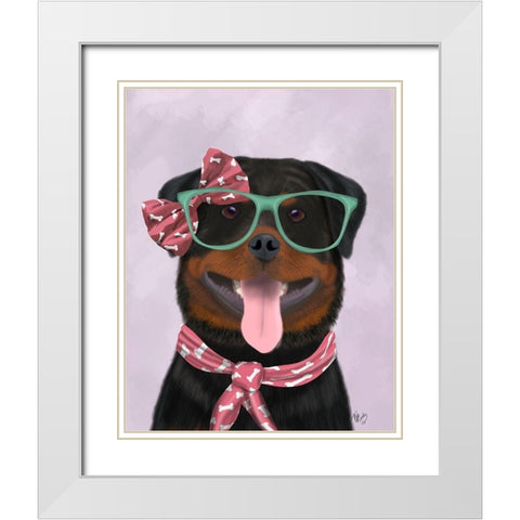 Rottweiler with Glasses and Scarf White Modern Wood Framed Art Print with Double Matting by Fab Funky