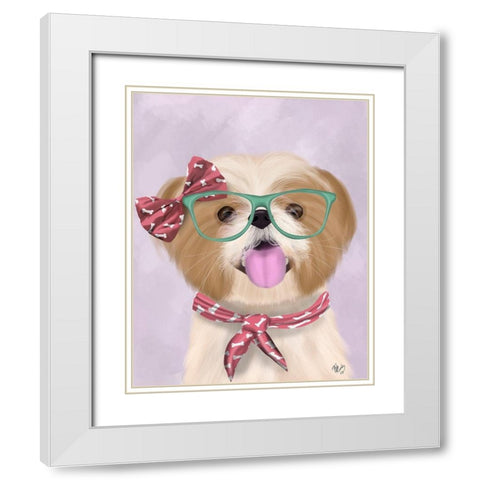 Shih Tsu with Glasses and Scarf White Modern Wood Framed Art Print with Double Matting by Fab Funky