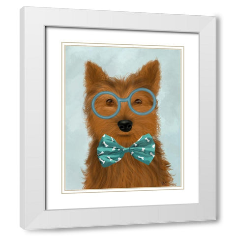Yorkshire Terrier with Glasses and Bow Tie White Modern Wood Framed Art Print with Double Matting by Fab Funky