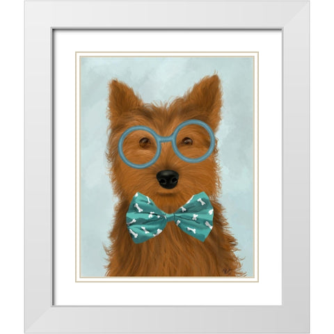 Yorkshire Terrier with Glasses and Bow Tie White Modern Wood Framed Art Print with Double Matting by Fab Funky