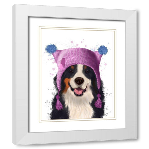 Bernese And Bobble Hat White Modern Wood Framed Art Print with Double Matting by Fab Funky