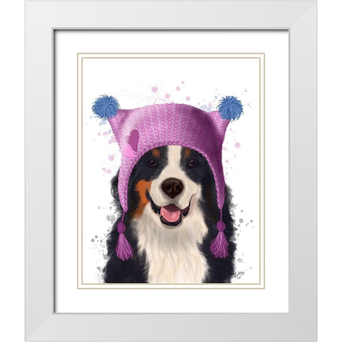 Bernese And Bobble Hat White Modern Wood Framed Art Print with Double Matting by Fab Funky