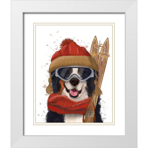 Bernese Ski Dog White Modern Wood Framed Art Print with Double Matting by Fab Funky