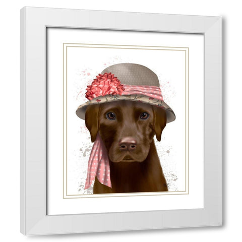 Chocolate Labrador Hat and Pink Scarf White Modern Wood Framed Art Print with Double Matting by Fab Funky