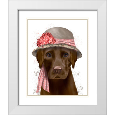 Chocolate Labrador Hat and Pink Scarf White Modern Wood Framed Art Print with Double Matting by Fab Funky