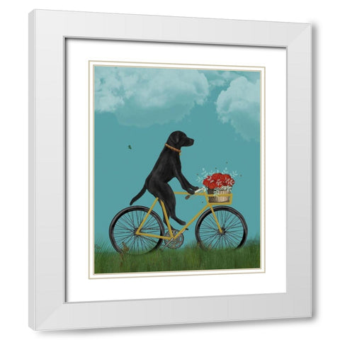 Black Labrador on Bicycle - Sky White Modern Wood Framed Art Print with Double Matting by Fab Funky