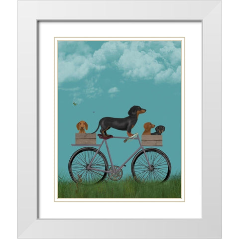 Dachshunds on Bicycle White Modern Wood Framed Art Print with Double Matting by Fab Funky