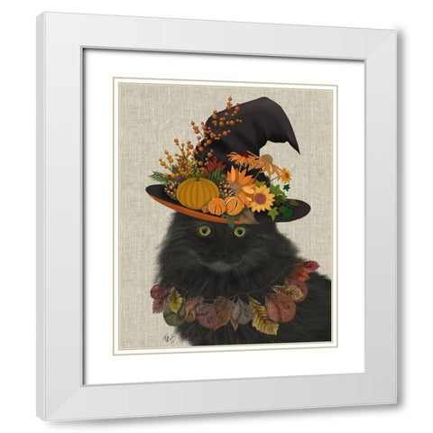 Black Cat with Autumn Hat, Portrait White Modern Wood Framed Art Print with Double Matting by Fab Funky