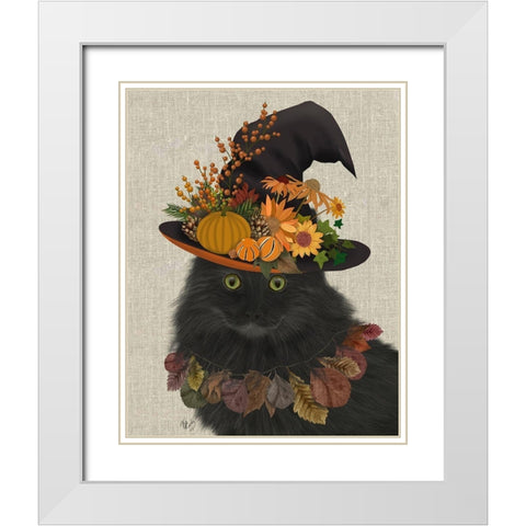 Black Cat with Autumn Hat, Portrait White Modern Wood Framed Art Print with Double Matting by Fab Funky