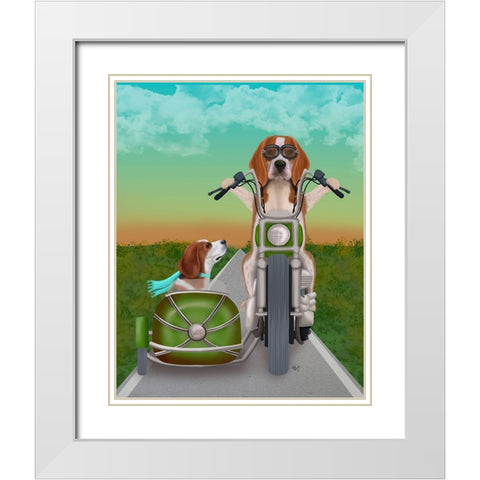 Beagle Chopper and Sidecar White Modern Wood Framed Art Print with Double Matting by Fab Funky