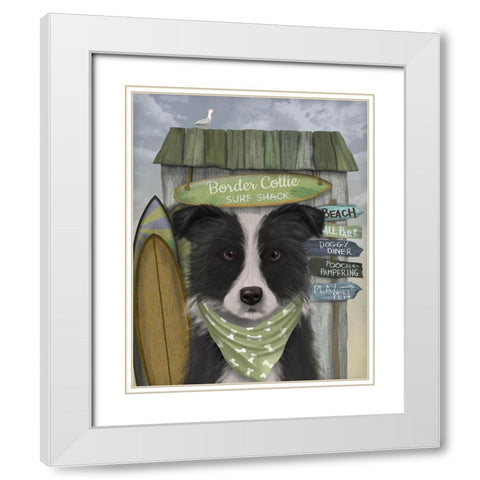 Border Collie, Black and White, Surf Shack White Modern Wood Framed Art Print with Double Matting by Fab Funky