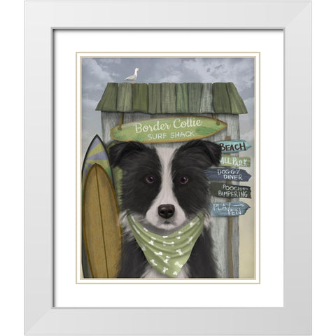 Border Collie, Black and White, Surf Shack White Modern Wood Framed Art Print with Double Matting by Fab Funky