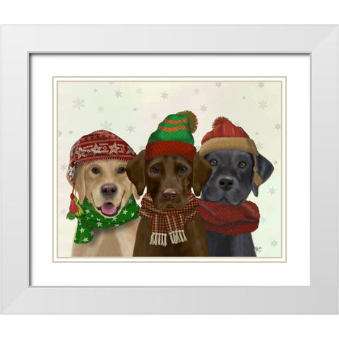 Christmas 3 Winter Labs White Modern Wood Framed Art Print with Double Matting by Fab Funky