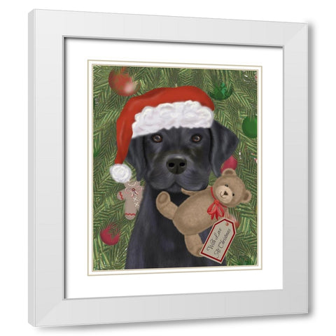 Christmas Black Labrador and Teddy White Modern Wood Framed Art Print with Double Matting by Fab Funky