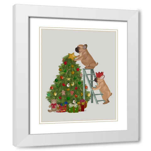 Christmas French Bulldog Tree Ladder White Modern Wood Framed Art Print with Double Matting by Fab Funky