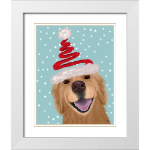Christmas Golden Retriever and Spring Santa Hat White Modern Wood Framed Art Print with Double Matting by Fab Funky