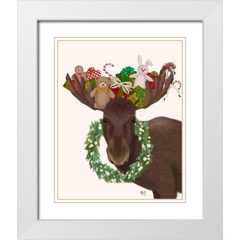 Christmas Moose and Christmas Gifts White Modern Wood Framed Art Print with Double Matting by Fab Funky