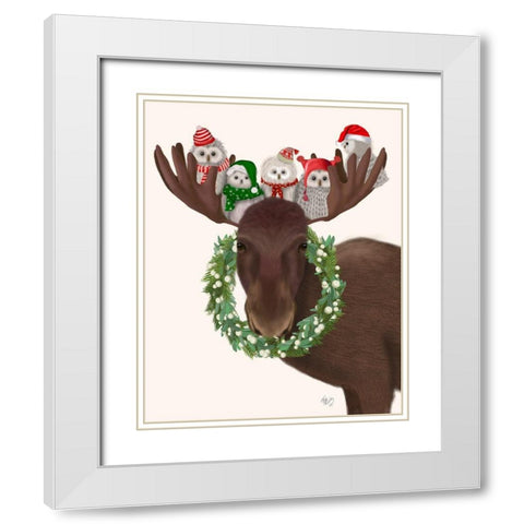Christmas Moose and Christmas Owls White Modern Wood Framed Art Print with Double Matting by Fab Funky