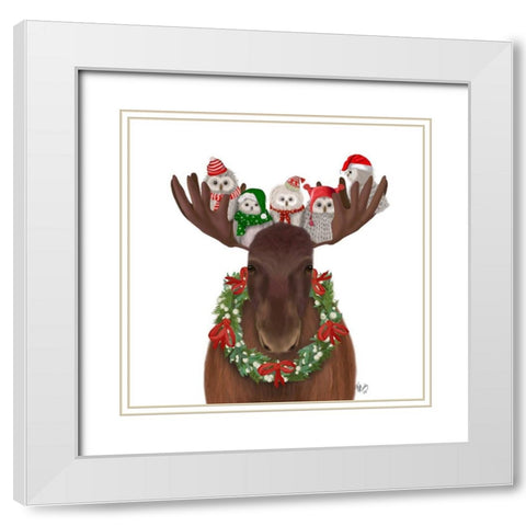 Christmas Moose and Christmas Owls Forward White Modern Wood Framed Art Print with Double Matting by Fab Funky
